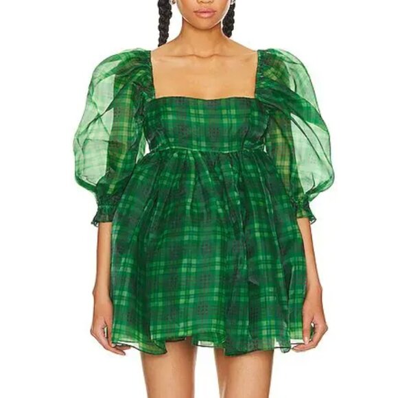 Selkie The Beth Plaid Puff Mini Dress Small Green Checks - Picture 12 of 13